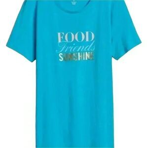Banana Republic Women's Turquoise Graphic Crew Neck T-Shirt "Food Friends Sun".